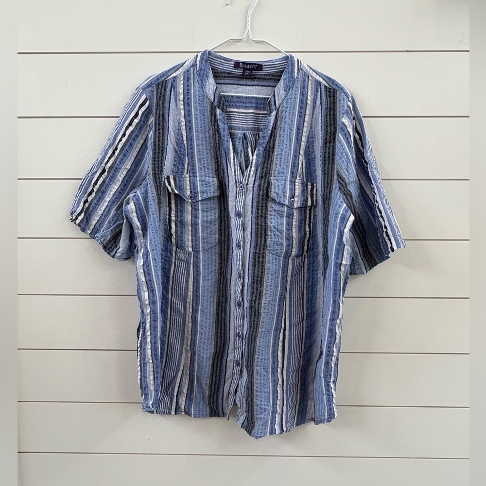 Roaman's Blue & White Striped Short-Sleeve Button Front Shirt